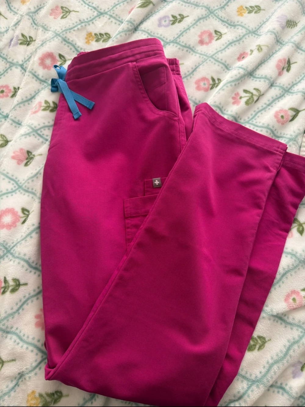 Figs Women's Straight Leg Scrub Pants in Hot Pink with Blue Drawstring